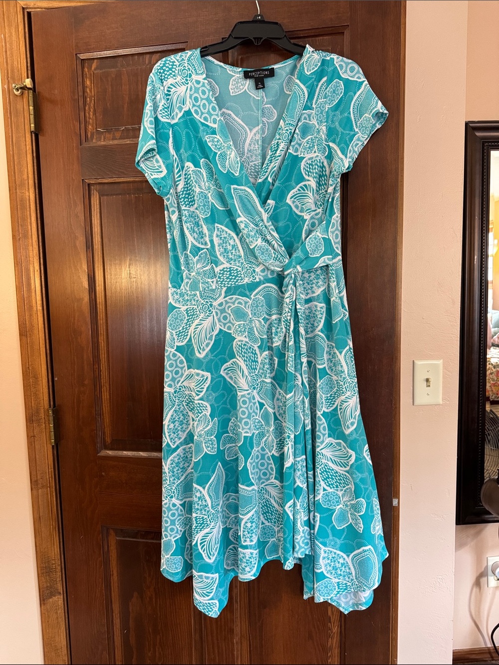 Perceptions Teal Floral Wrap Midi Dress